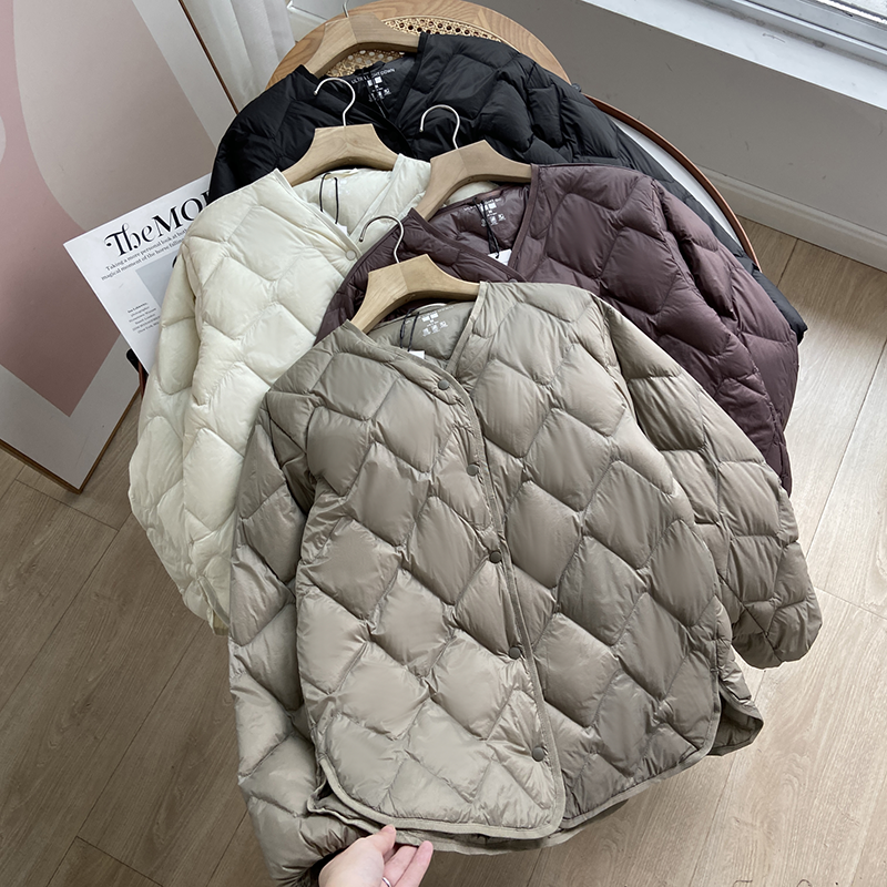 日秋冬季轻型羽绒内胆茄克V领休闲短轻薄羽绒服女外套55|undefined