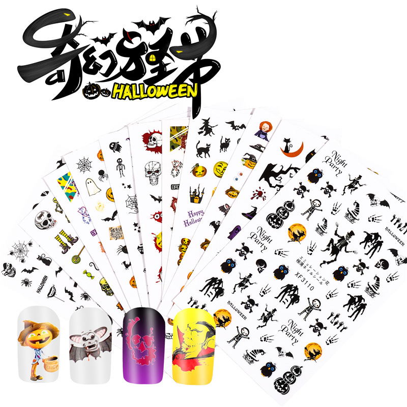 Transfronterizo especial de Halloween pegatinas de uñas traje de calabaza cráneo Transferencia de impresión pegatinas de uñas con adhesivo 12 piezas un conjunto