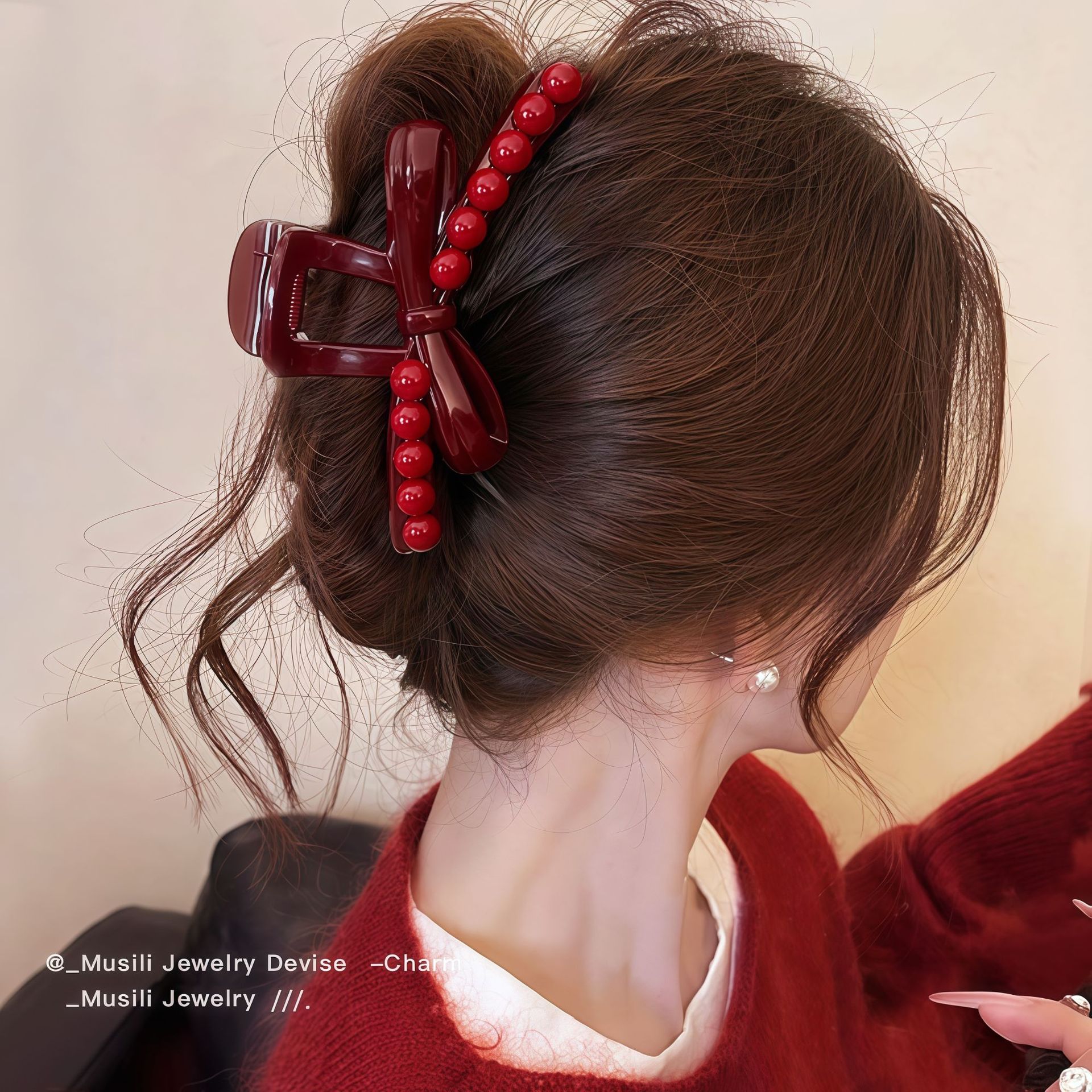 08_安可拉色珠珠红色蝴蝶结抓夹-13cm