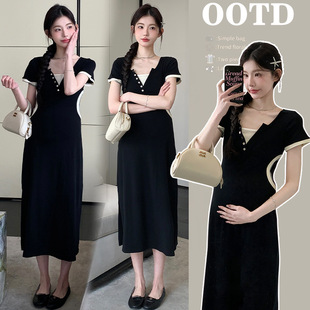 Maternity 2025 Summer New French Design Sense Wear Contrast Color Fake Two-piece Loose plus size Pregnant Women dress
