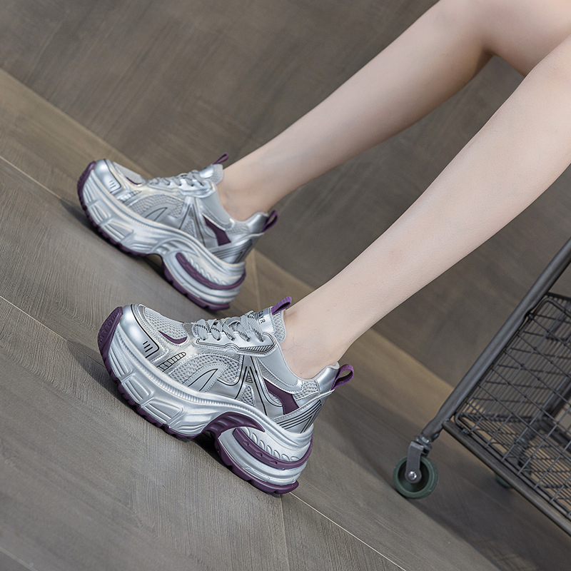 Giày sneaker nữ đế dày tăng chiều cao lưới thoáng khí phong cách dad shoes mùa hè 2026 — Mạng kép màu tím M2821, Mạng đôi màu vàng M2821, M2821-1 màu tím xuyên lưới, M2821-1 màu vàng xuyên qua lưới