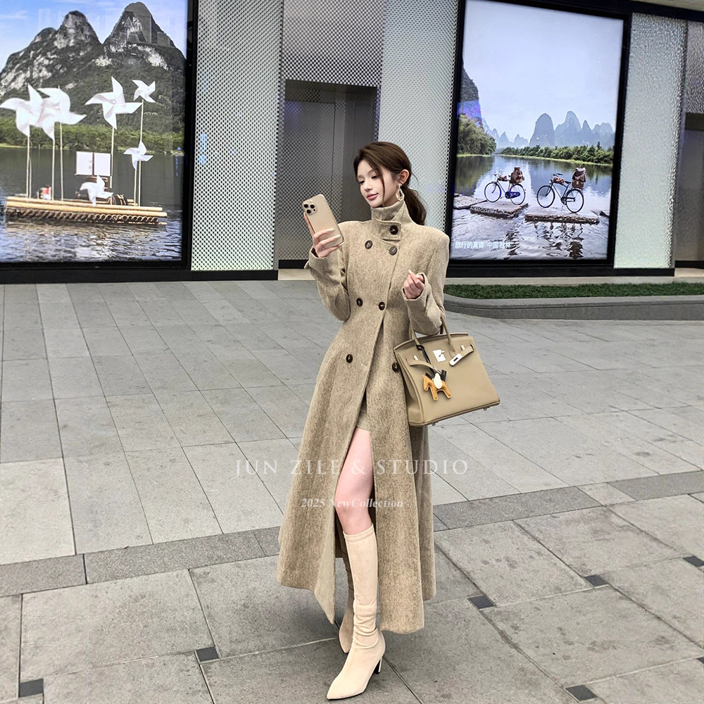 Women's Long Coat, Spring 2026 New Style, Over-The-Knee, Elegant, High-End, Waist-Cinching, Slimming, Stand-Up Collar, Woolen Coat
