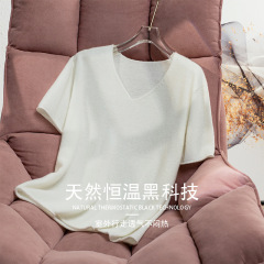 轻薄亲肤！无缝V领短袖100羊毛内搭打底衫女早秋新款套头宽松针织