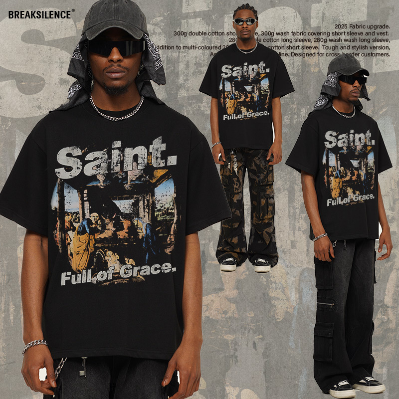 2025 cross-border summer retro mural washed old American street printing 300g high weight short sleeve T-shirt