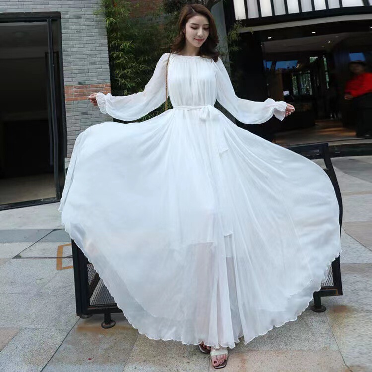 2025 Beach Skirt Chiffon Extra Long Fairy Long Skirt Large Hem Spring and Summer Skirt Long Sleeves Loose Lace-Up Large Size Dress 2025 Beach Skirt Chiffon Extra Long Fairy Long Skirt Large Hem Spring and Summer Skirt Long Sleeves Loose Lace-Up Large Size Dress