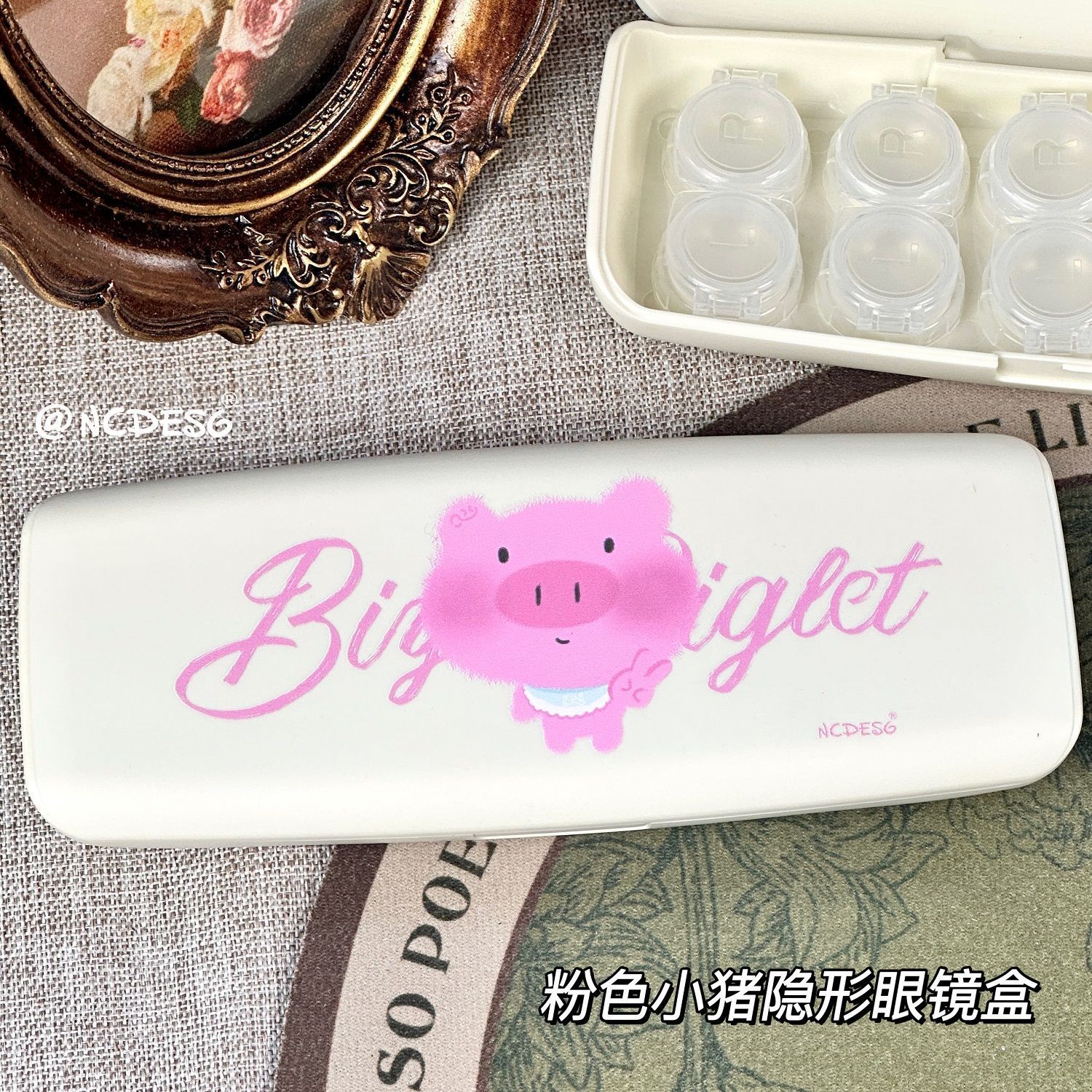 原创粉色小猪隐形眼镜盒卡通可爱近视美瞳盒收纳盒带镜子旅游多幅