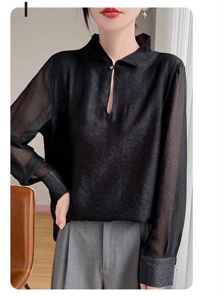 Áo sơ mi nữ cổ đứng tay dài vải Tencel mỏng nhẹ kiểu chui đầu — Màu hồng, Màu trắng, màu đen chi tiết 20