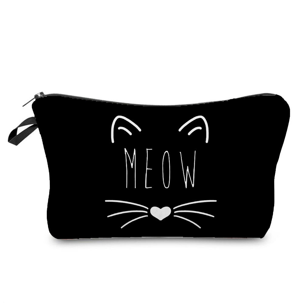 Cute Style New Black Cat Printed Travel Simple Wash Bag Women's Cosmetic Bag Travel Portable Zipper Storage Bag Printable