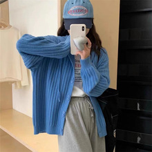 秋冬新款韩版连帽针织开衫宽松慵懒风坑条软糯外套休闲百搭毛衣女