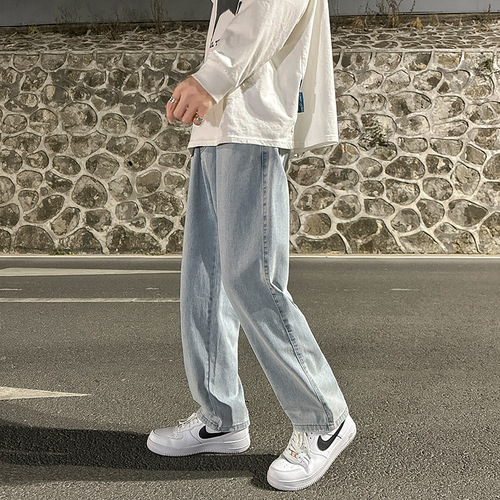 Spring New Smoke Gray Men's Loose Wide Leg Pants, Men's Hong Kong Style Ins Trendy Brand Straight Leg Pants