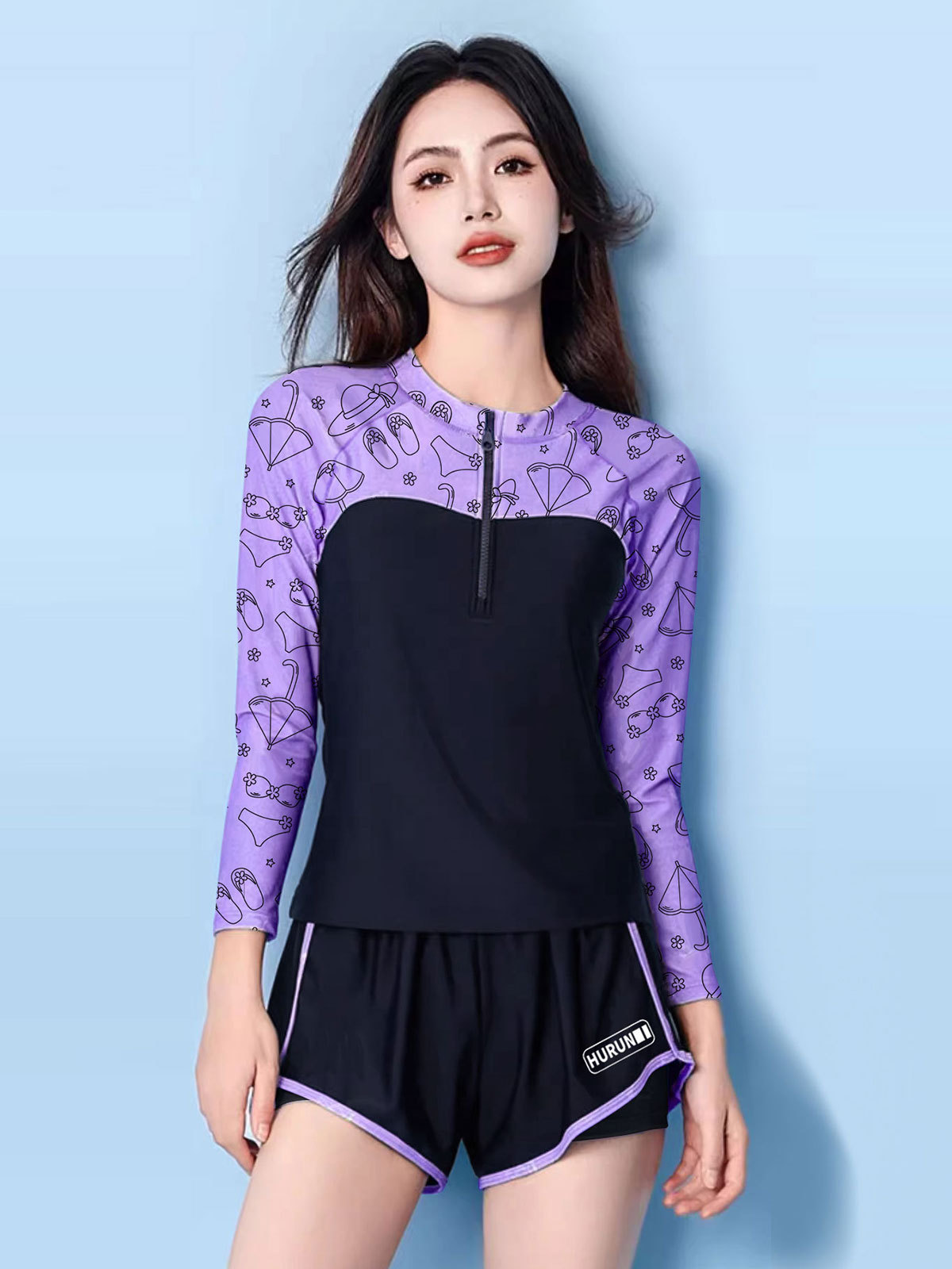 HURUN trajes de baño conservadores para mujeres nuevos trajes de baño de aguas termales de manga larga y ángulo plano para niñas gordas que cubren el vientre