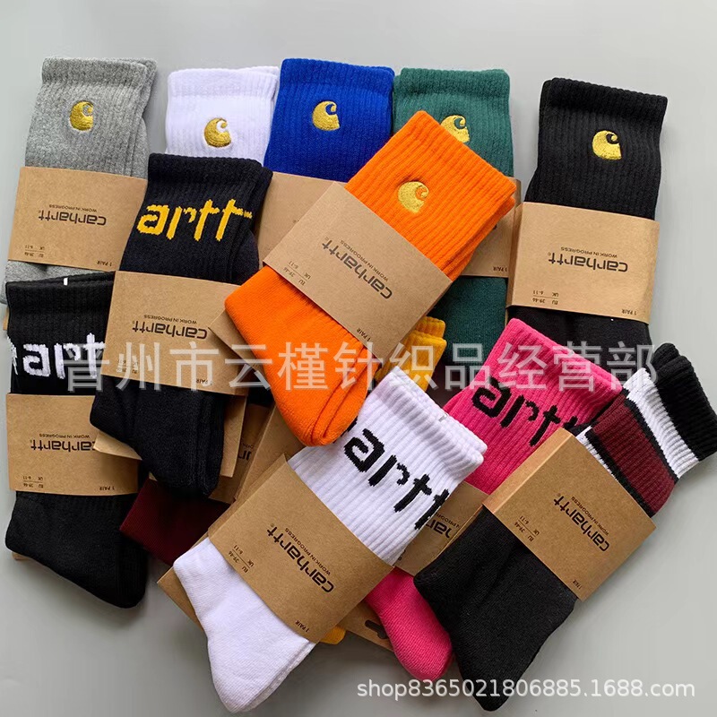 New Carhartt Letter Towel Bottom Men's and Women's Mid-Calf Socks Carhartt Casual Trbottomy Brand Gold Label Embroidered Sports Socks