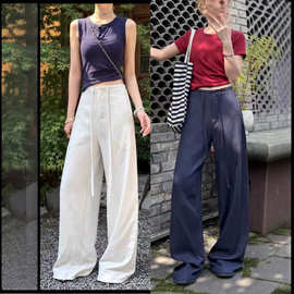 高腰冰丝垂感仿亚麻天丝阔腿裤女夏季新款宽松显瘦拖地休闲裤