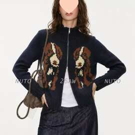 复古老钱风花纹针织开衫女秋休闲通勤慵懒风毛衣外套图片色有吊牌