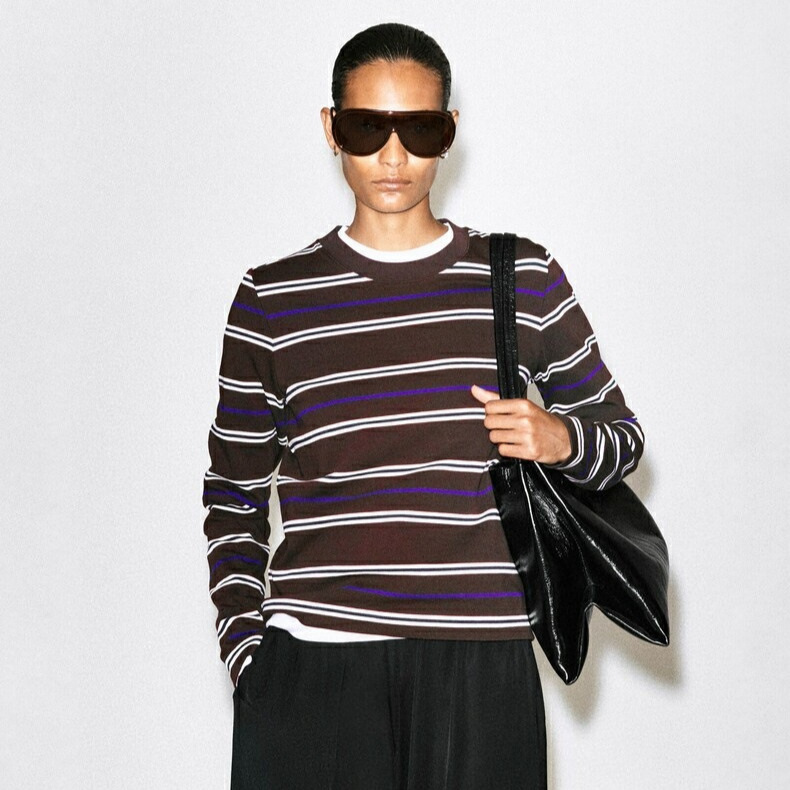 COS-style women's clothing, same style as in the mall, standard-fit long-sleeve T-shirt, brown/striped, 2026 autumn new collection, knitted sweater