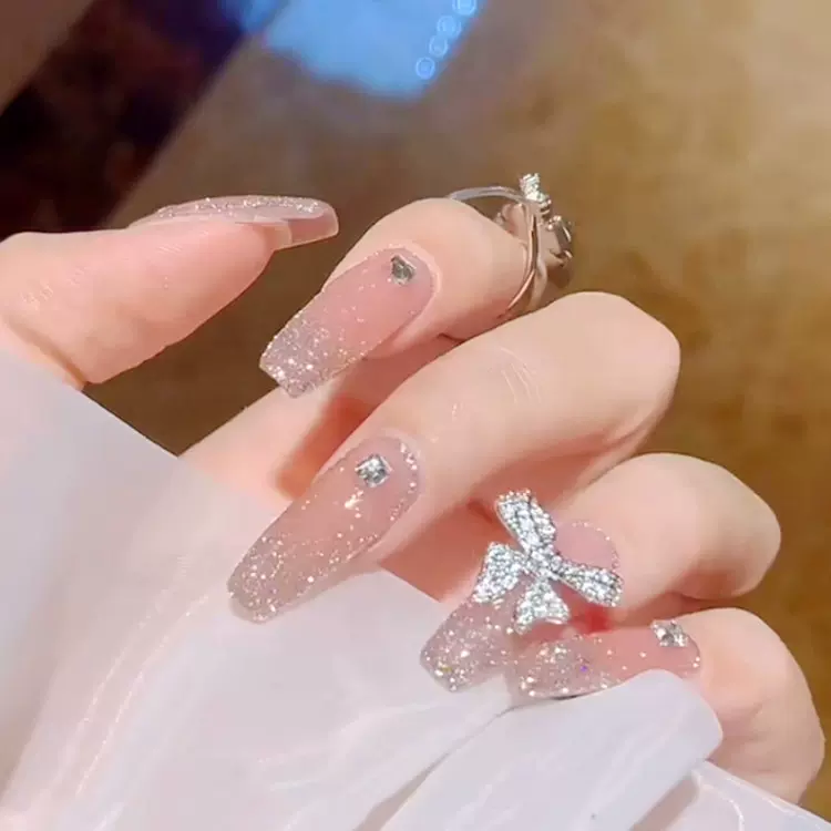 法式仙女长款穿戴甲片 跨境碎钻假指甲贴片nails成品蝴蝶美甲甲片
