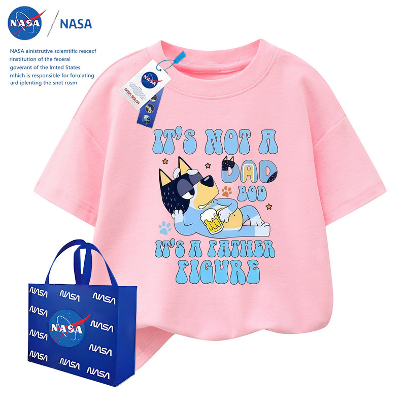 Nasa Stylish Round-Neck Short-Sleeve Bluey Cotton Top for Older Children, Casual New Summer Short-Sleeve T-Shirt for Kids