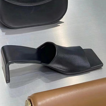 羊皮版～高跟鞋女夏季复古方头时尚跟露趾凉鞋小众设计感拖鞋潮搭