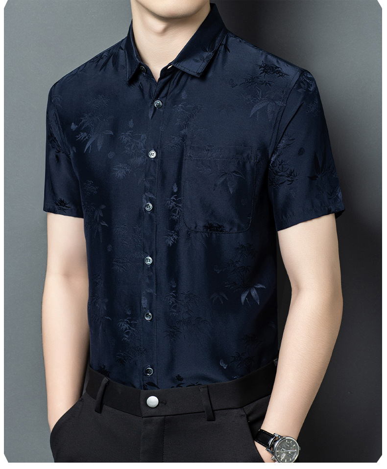 Áo sơ mi nam ngắn tay lụa satin cao cấp, phong cách công sở — Da đen26618 chi tiết 11