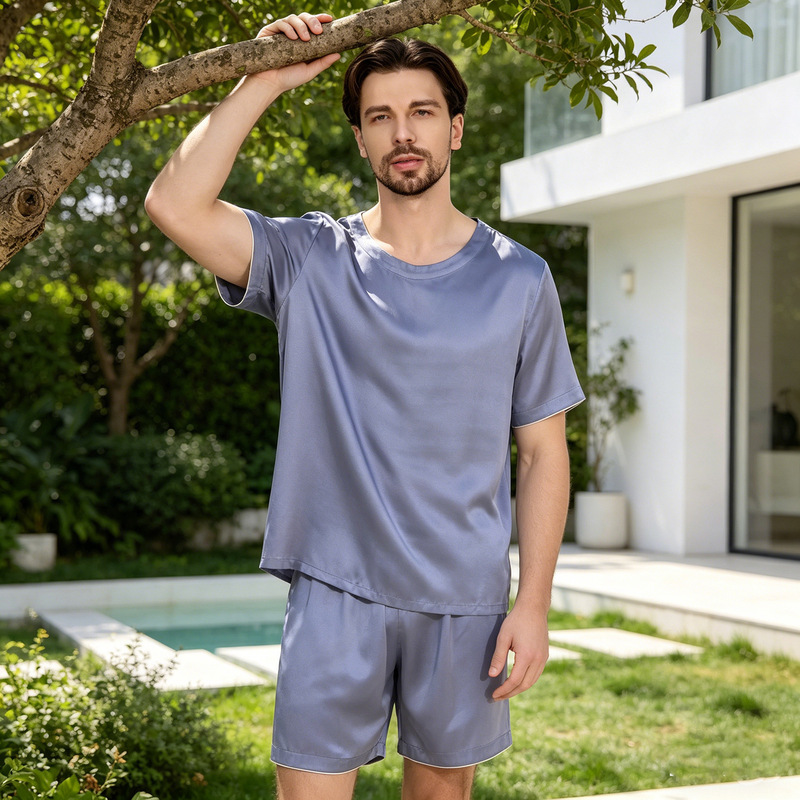 Simple] Summer Men's Heavyweight Silk Pajama Set Round Neck Pullover Short Sleeve Shorts Cool Silk Home Wear