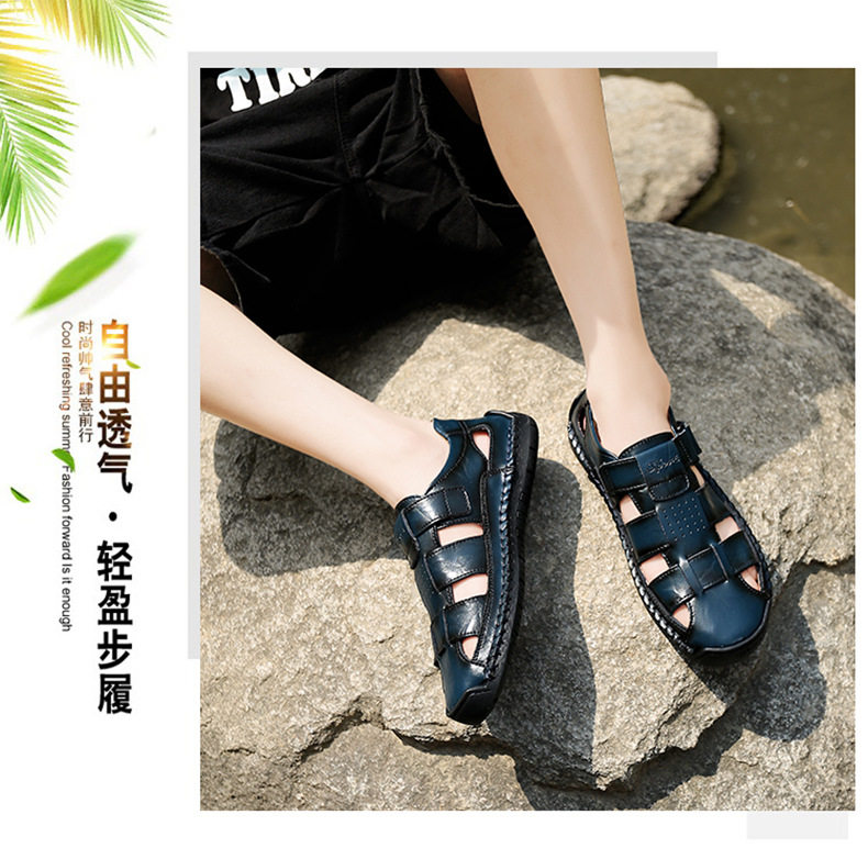 Dép sandal nam da bò khâu chỉ bít mũi, đế cao su chống trượt, thoáng khí đi biển ngoài trời — 373 màu xanh lam, 373 màu đen, 373 đỏ nâu chi tiết 7