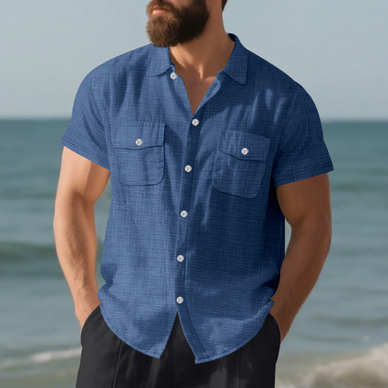 Chemise d'été à manches courtes pour homme, couleur unie, double poche, décontractée, pour les vacances_voghion.com