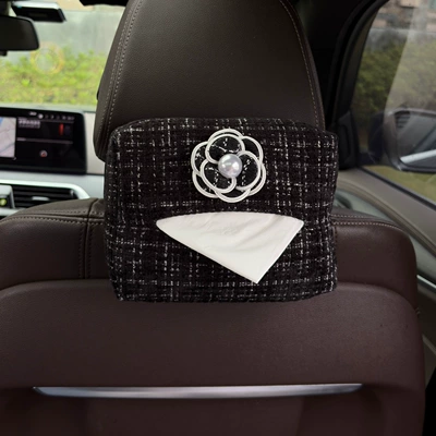 Car tissue box/set women, high-end car tissue holder - pearl-checkered-black-camellianew-chanel-style-tissue-box-black