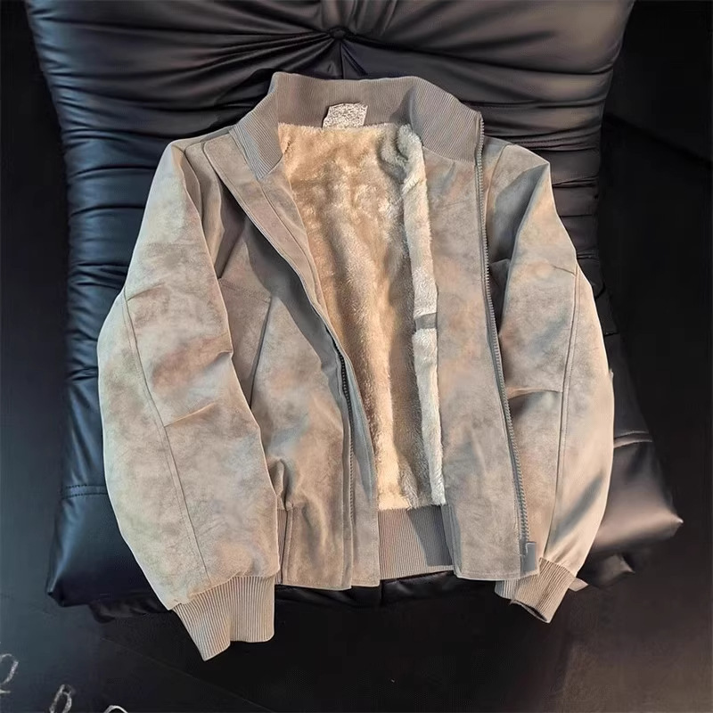 American-Style Tie-Dye Pu Leather Jacket, Men's Autumn and Winter Fleece-Lined Thick Cotton Coat, Short Stand-Collar Motorcycle Cotton Jacket American-Style Tie-Dye Pu Leather Jacket, Men's Autumn and Winter Fleece-Lined Thick Cotton Coat, Short Stand-Collar Motorcycle Cotton Jacket