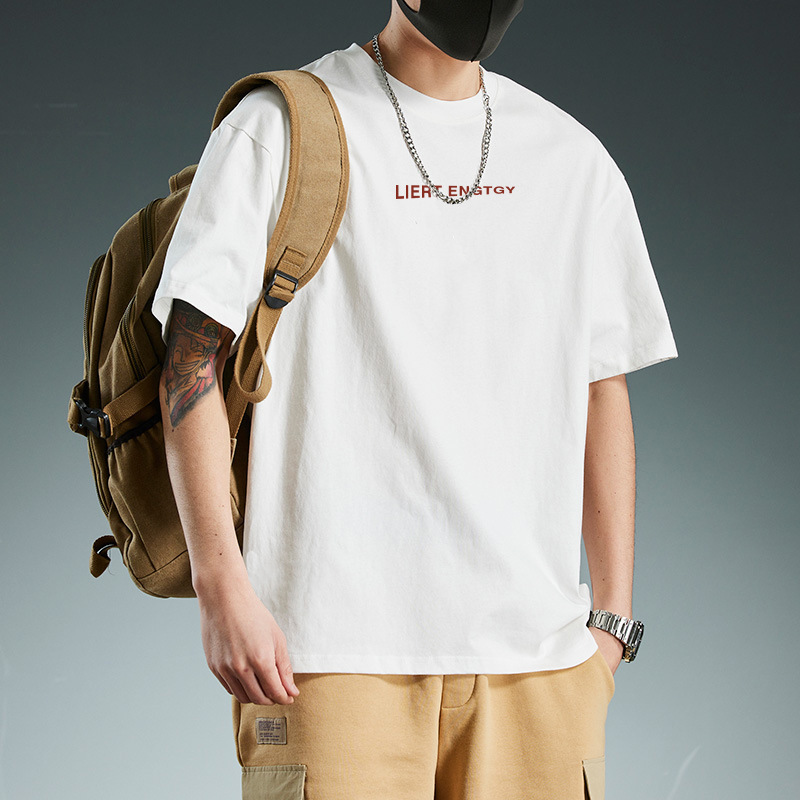 厚手の新しい夏のルーズコットン半袖Tシャツトレンディなブランドボーイズニッチデザイン快適なプリントTシャツ夏|undefined