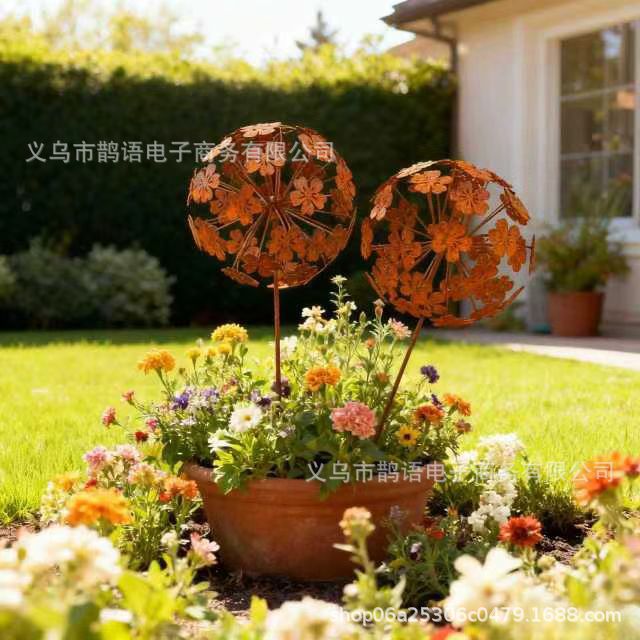 Cross-Border Hot Style Retro Metal Dandelion and Rust Ball Decorative Floor Plug Courtyard Garden Decoration Crafts