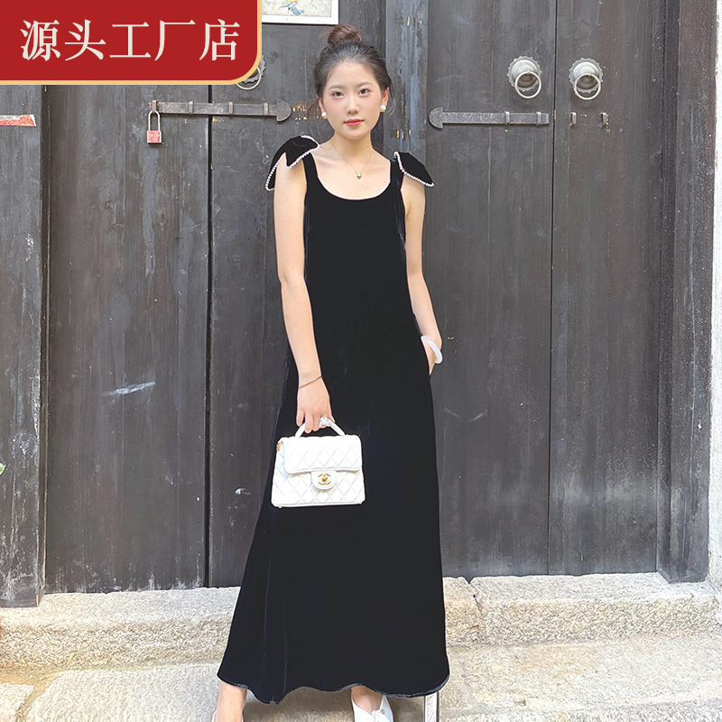 江南采桑子正品法式优雅珍珠蝴蝶结可拆卸赫本风真丝丝绒连衣裙