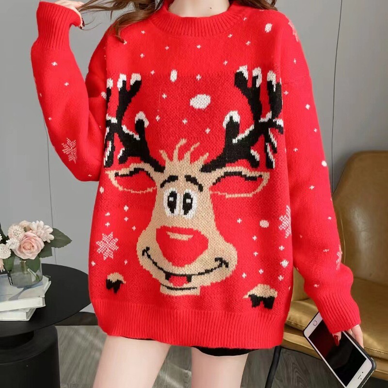 Amazon European and American Cartoon Elk Christmas Sweater Autumn and Winter 2024 New Foreign Trade Casual Crewneck Knitted Top Amazon European and American Cartoon Elk Christmas Sweater Autumn and Winter 2024 New Foreign Trade Casual Crewneck Knitted Top