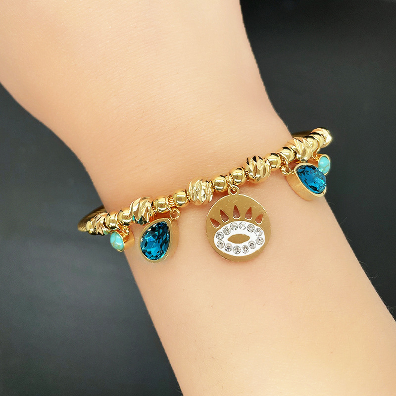 Fashion Devilu0027S Eye Titanium Steel Beaded Hollow Out Inlay Turquoise Zircon Bangle 1 Piece