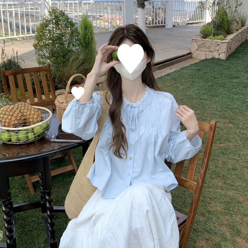 韓国ラウンドネックレースパフスリーブシャツ女性のための春と夏のデザインプリーツストラップシングルブレスト美しいカーディガン|undefined