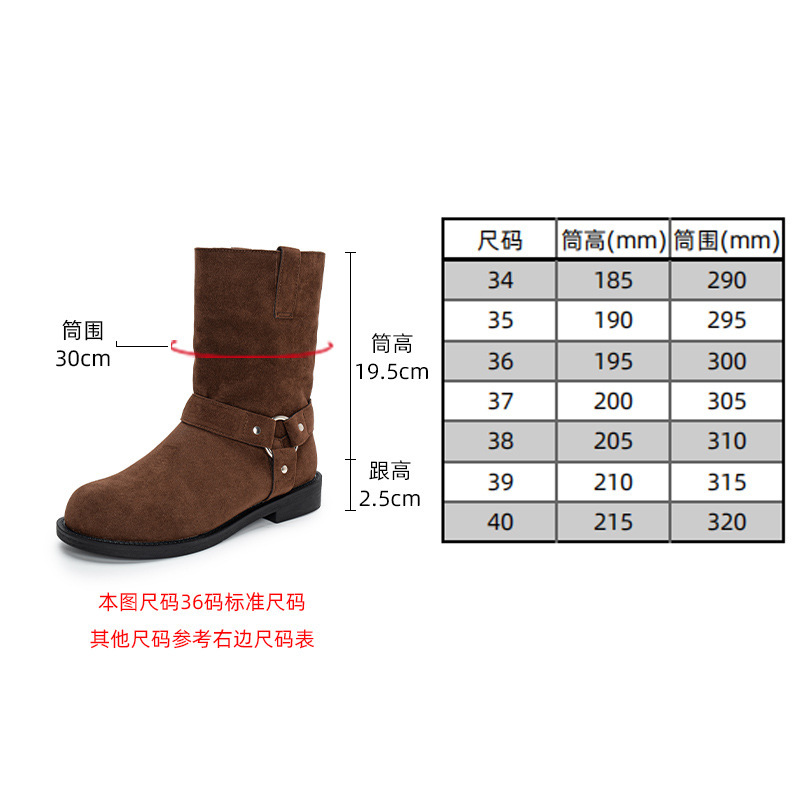 牛皮~葡萄妈同款时装靴复古黑色马丁靴女粗跟西部靴子皮带扣短靴|undefined