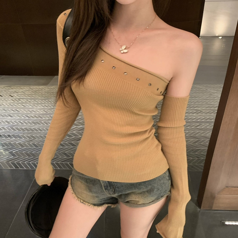 Cool Sa Ya Sister Sweet Spice Girl Shoulder-Cuff Jacket Women's Autumn and Winter Shoulder Solid Color Knitted Shoulder T-Shirt