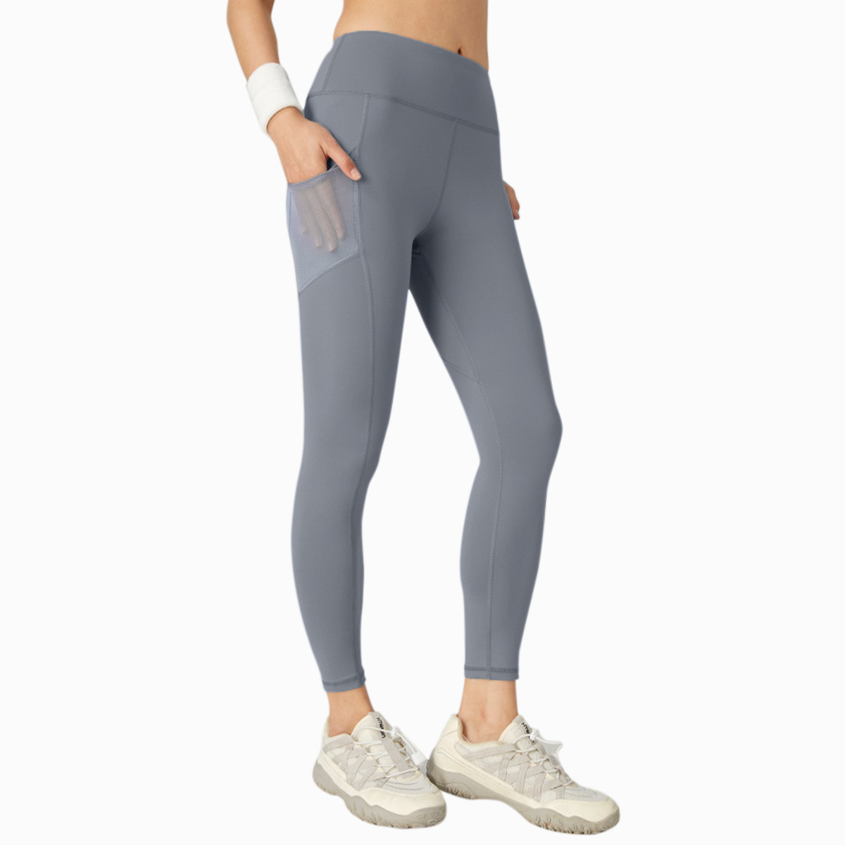 Transfronterizo cintura alta caderas de malla de bolsillo lateral pantalones deportivos elásticos pantalones de yoga para correr pantalones de fitness