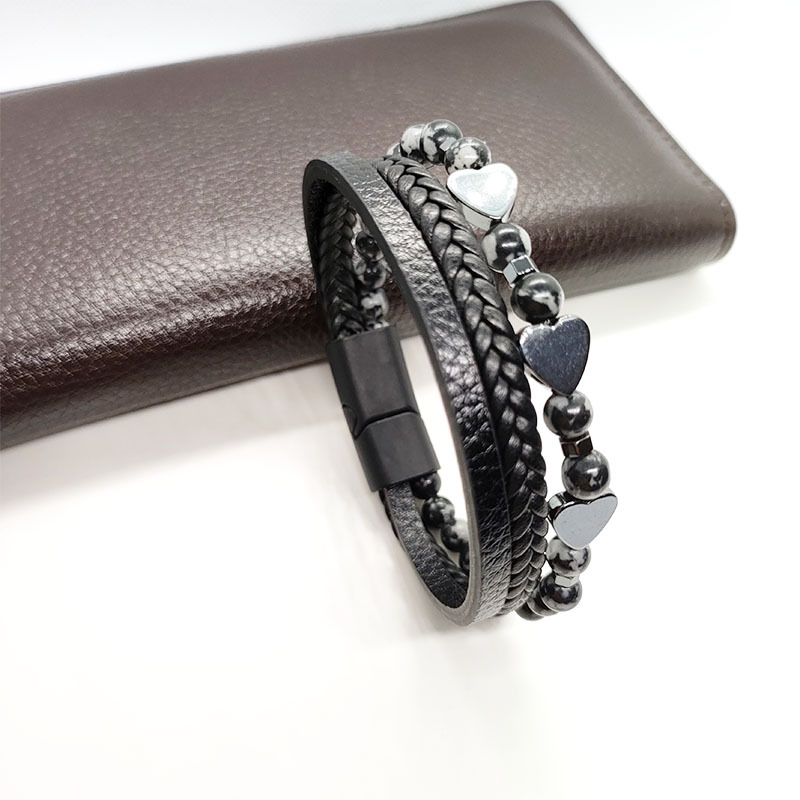 29g Weight Bracelets Classification Leather Rope Chain Material Twisted Rope Chain Chain Type 1 Piece Quantity Holiday, Daily Occasion Alloy, black gallstone Material Heart Shape Pattern All Seasons Season Men's Gender Retro Style Retro Heart Shape Alloy Black Gallstone Men's Bracelets Men Cord & Leather Bracelets 17