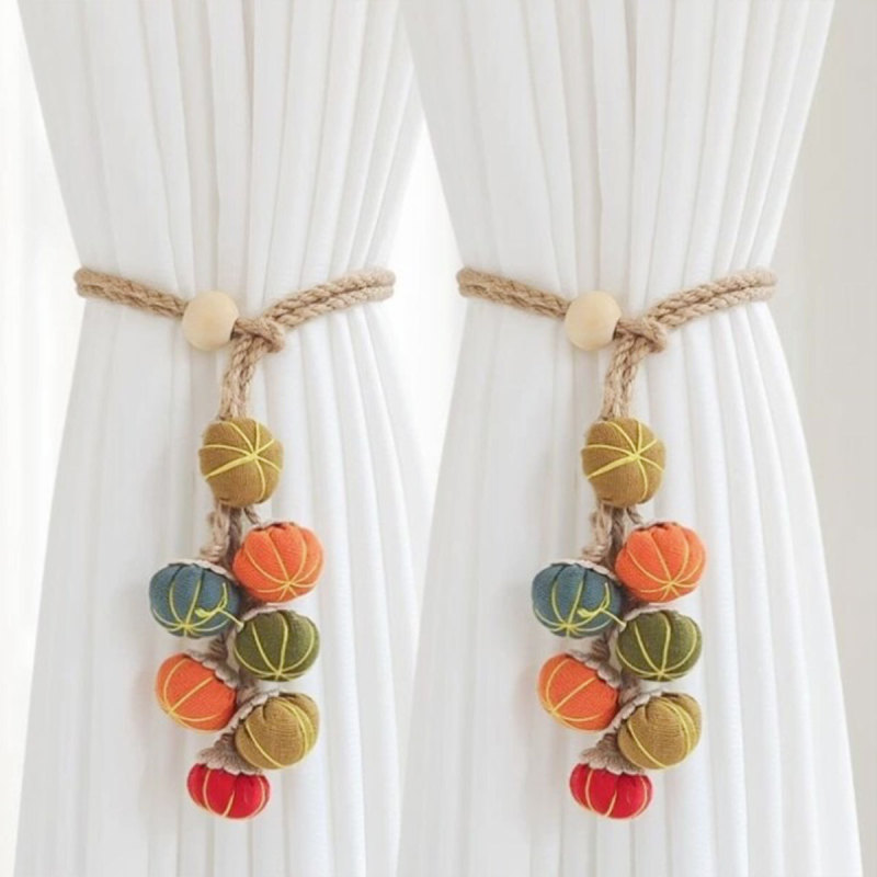 2pcs vintage multi-color small pumpkin curtain ties, versatile rustic-style hemp ropes, cream-style for home use