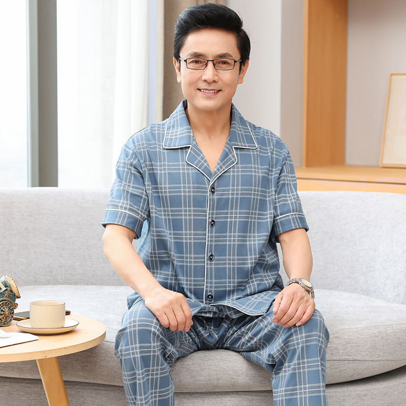 Papá pijamas de verano de algodón para hombres de manga corta delgada de verano pantalones largos de media manga para hombres de mediana edad set de ropa para el hogar