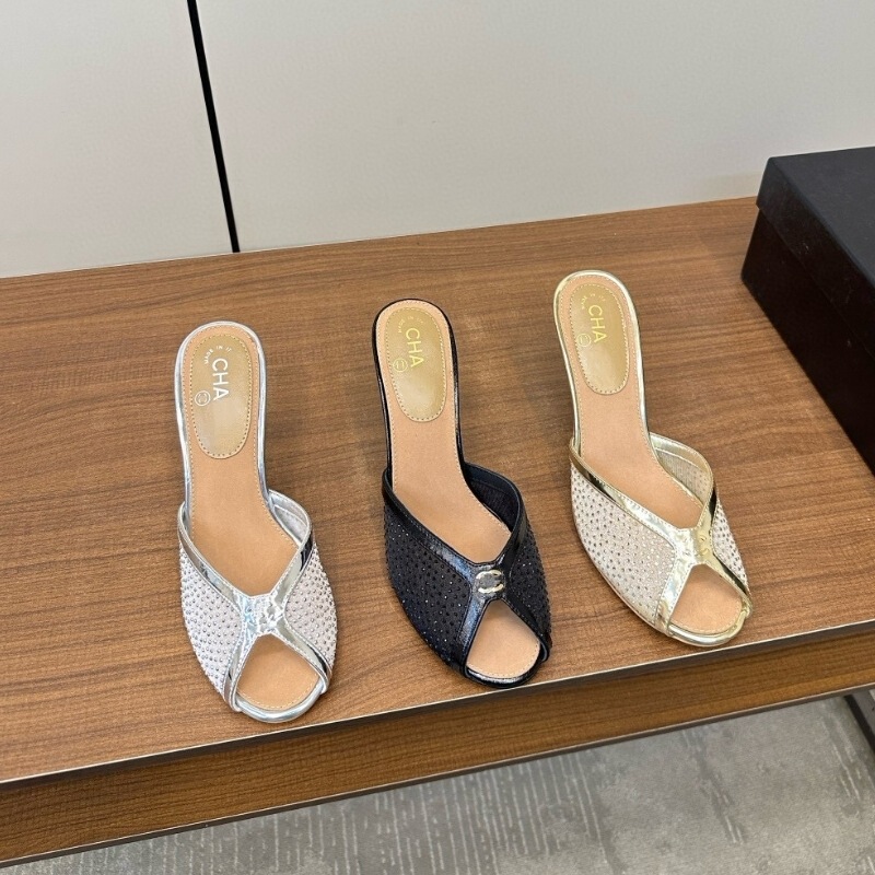 High Version ~ 25K Chanel-Style Lace Hollow Peep-Toe Mesh Stiletto Slide Sandals with Rhinestones for Outdoor Wear