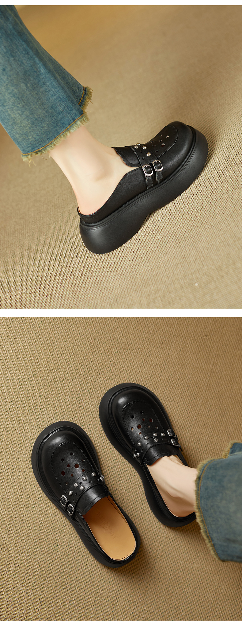 Dép sandal nữ đế dày quai chữ V mũi bao bít — đen chi tiết 5