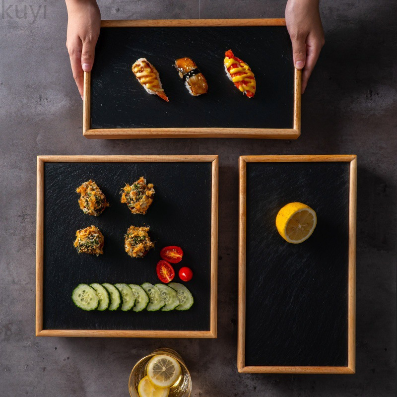 Black Rock Dinner Plate Japanese Style Personalized Creative Commercial Hot Pot Vegetable Plate Slate Tableware Barbecue Plate Bamboo Wood