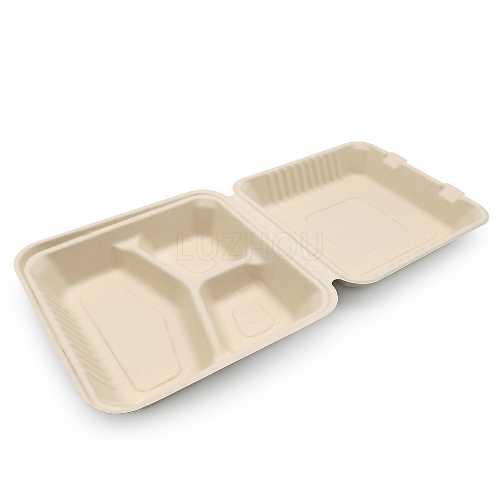 Shaogeng Oasis Pulpa de caña de azúcar Pulpa de bambú 9 pulgadas 3-rejilla caja de almuerzo caja de bloqueo ecológico vajilla desechable degradable compostable