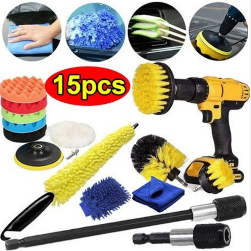 跨境热卖汽车清洁刷洗车细节刷洗车工具刷15件套海绵轮毂刷电钻刷