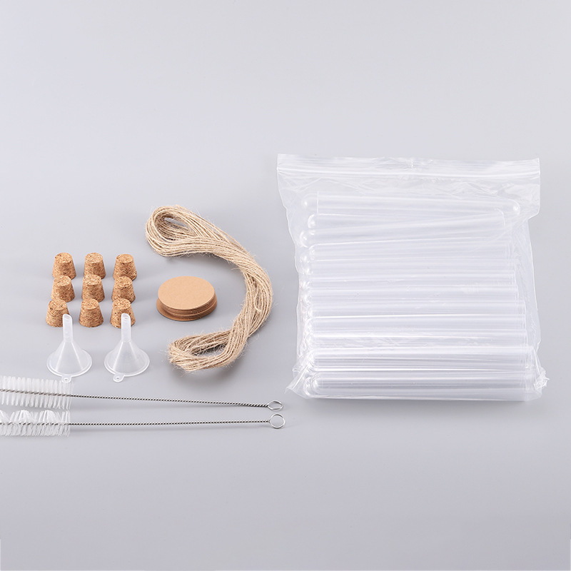 10MLPS de plástico transparente traje de combinación de tubo de ensayo con corcho diámetro exterior 15*100 con cepillo embudo Etiqueta de cuerda de algodón