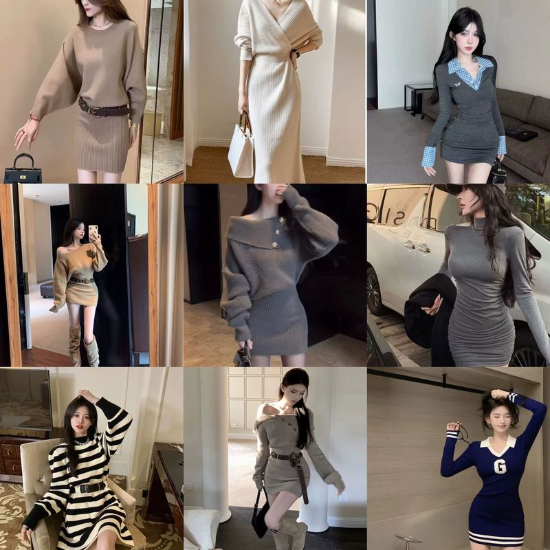 针织连衣裙女秋冬2025年新款时尚毛衣裙露肩显身材小个子包臀裙子|undefined