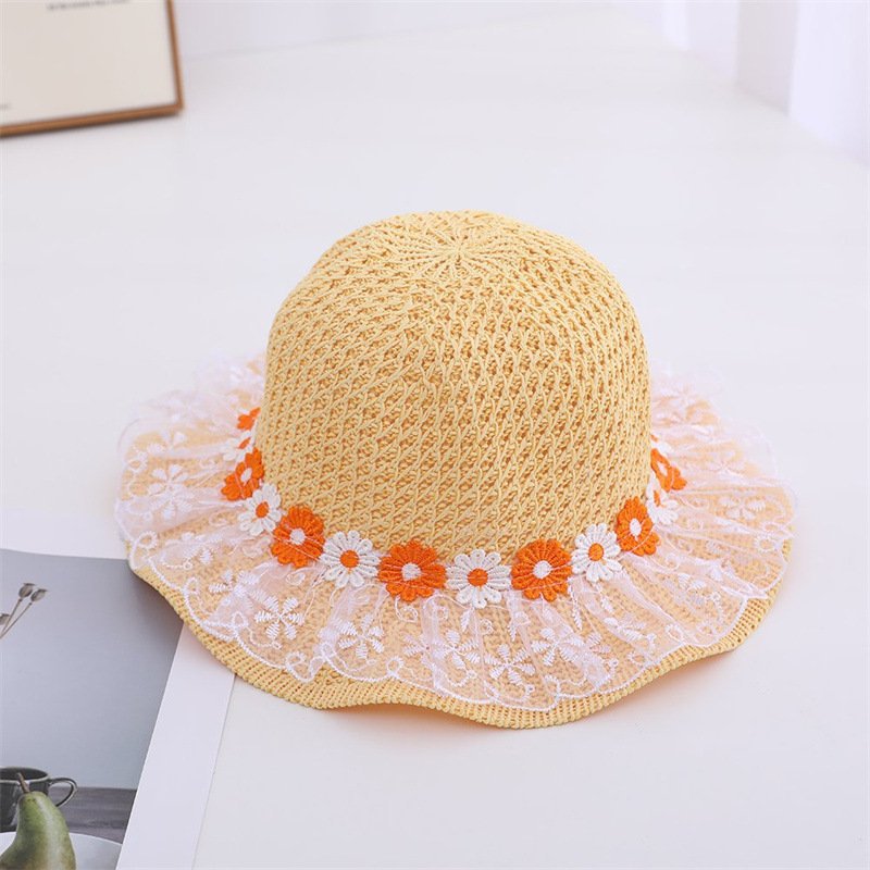 Sombrero de bebé para niños de verano, sombrero para el sol para niñas, sombrero de princesa de margarita de encaje, sombrero de paja de protección solar hueco y transpirable