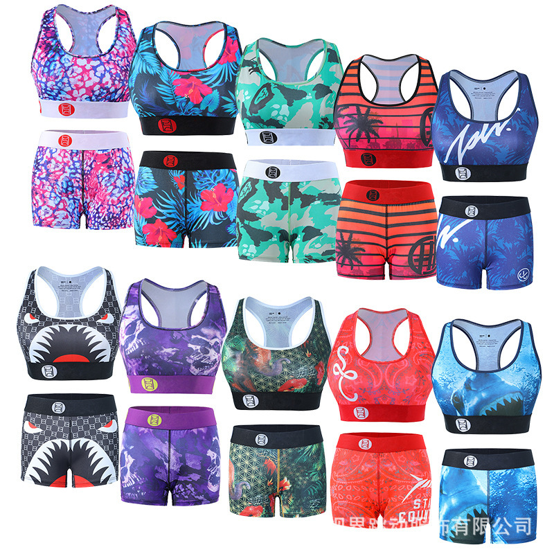 Psd Women's Boxer Short European and American Printed Vest Two-Piece Sports Suit Sweat-Absorbent