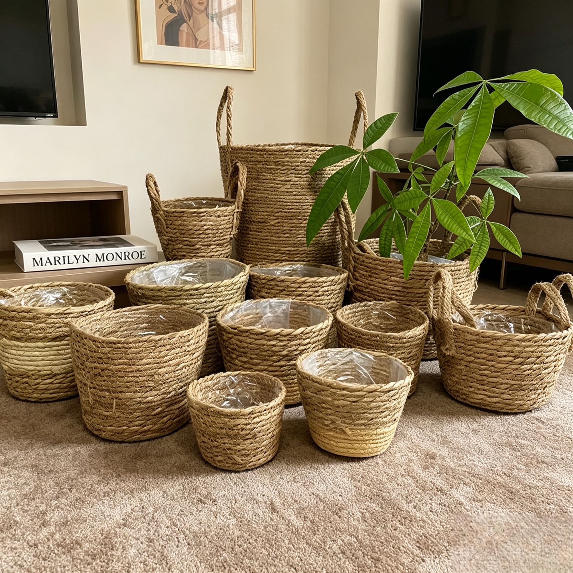 Cesta de Paja Tejida para Plantas Tejida a Mano para Decoración de Interior image 3